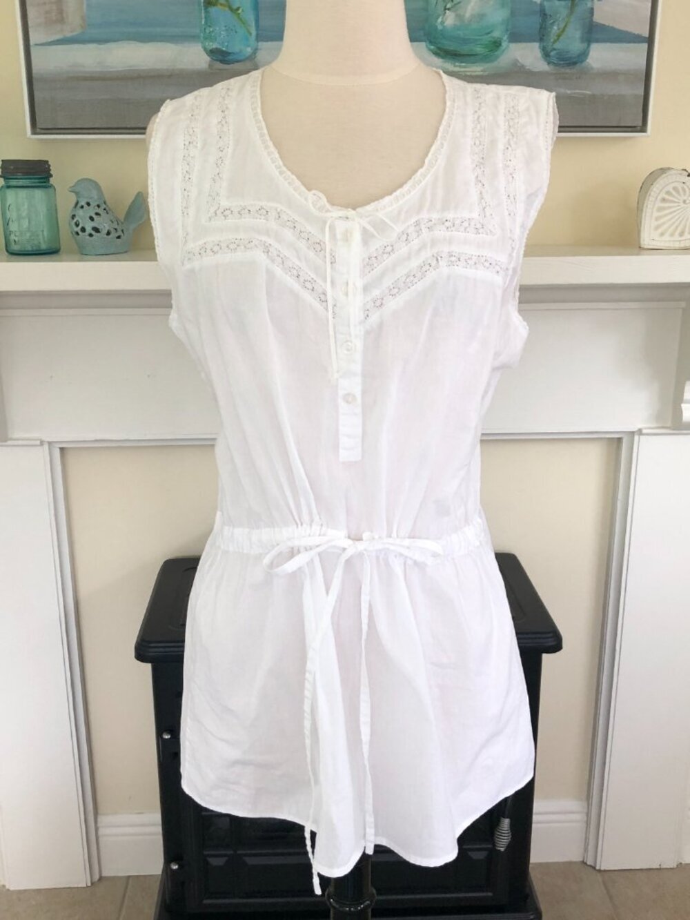 Hopeless Romantic White Cotton Lace Cinch Waist Camisole Tunic Top L/XL Regency